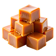 A close-up of a stack of golden, square caramel candies with a missing bite