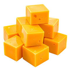 A pile of vibrant yellow square cheese blocks, stacked on top of each other with glossy surfaces
