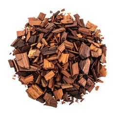 A circular pile of small, irregular wooden pieces against a stark black background