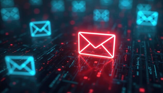 Red alert email notification on dark circuit board background with multiple blue email icons. Threat alert sign among glowing envelopes. Cyber threat warning. Network security issue. Digital danger