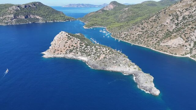 Aerial View of Gemile Island and Bay in Fethiye, Turkey