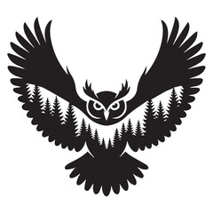 Obraz premium Majestic silhouette of an owl in flight with a dense forest landscape filling its wings and body