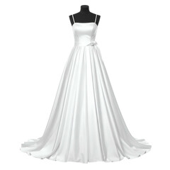 Elegant white satin wedding gown on a black dress form, spaghetti straps, and simple design