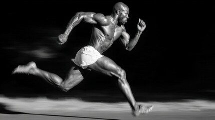 Obraz premium Dynamic monochrome image capturing a sprinter in full stride, showcasing powerful leg muscles and athletic form against a dark background. neutral background, clear negative space, clean composition