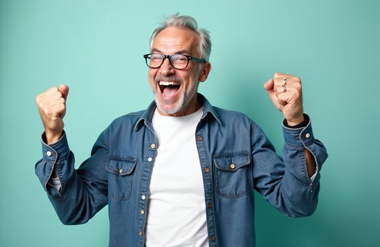 Middle aged senior man with grey hair, glasses shouting triumphantly. Laughing, feeling happy, excited celebrating success. Man wearing denim shirt, white t-shirt, standing with fists up on teal