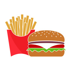 Burger and fries on white background