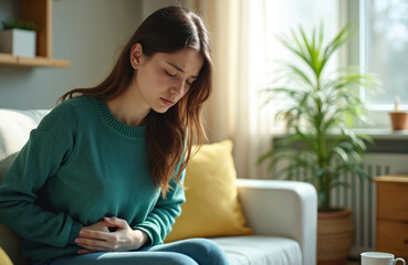Obraz premium Young woman sits on couch holding stomach with pain. She has a grimace on her face and appears unwell. Background shows living room interior.