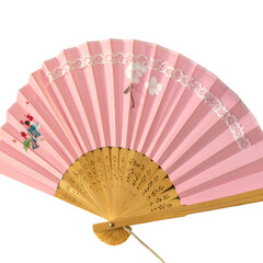 A delicate, pink hand fan with floral and lace details, resting on a black background