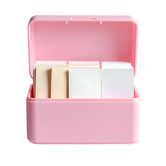 Pink, rectangular container with open lid, holding neatly stacked, light-colored sticky notes