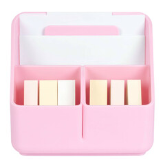 A pastel pink desk organizer with compartments for sticky notes and holding paper