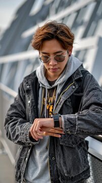 Young thai professional checking smartwatch on skywalk in urban setting