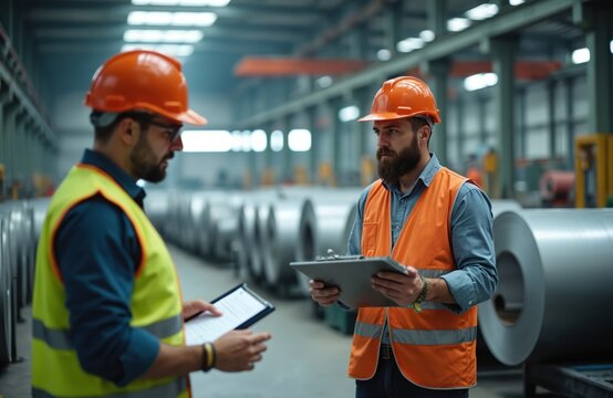 Two factory workers in safety vests and hard hats inspect metal sheets. They check inventory, discussing details in a manufacturing warehouse. Professionals assess industrial materials. - Powered by Adobe