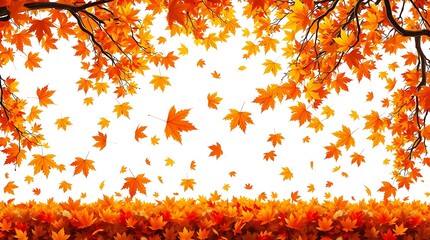 Obraz premium Vibrant autumn leaves falling gently from trees onto a carpet of orange foliage