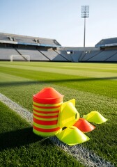 Soccer training cones and markers are set up on a lush green field in front of a stadium