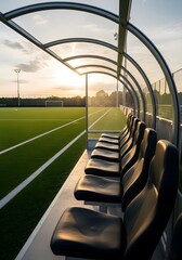 Empty soccer team bench under a curved shelter at sunset on a green field