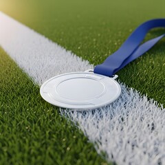 A silver medal lies on the grass of a sports field next to a white line, symbolizing victory and achievement