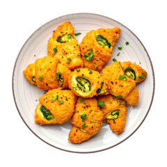 Overhead view of a plate of golden-brown, crescent-shaped fried appetizers filled with green filling