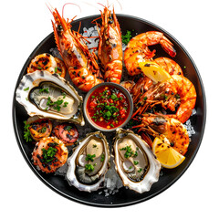Assortment of grilled seafood prawns, oysters, scallops, with sauce and lemon on ice