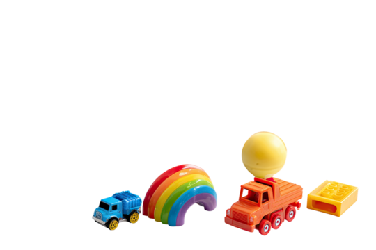 Colorful toy vehicles and a rainbow