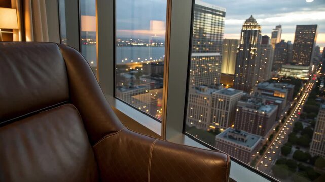 Cozy leather chair modern lounge with city skyline sunset glow, high rise view through floor to ceiling windows, executive office luxury interior