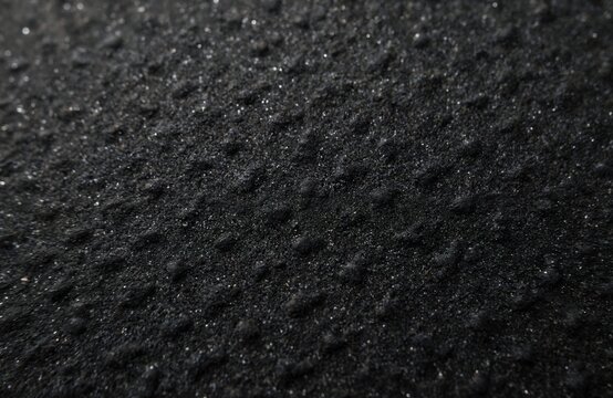 Detailed view shows rough black sandpaper background. Gritty texture suitable for skateboard grip tape industrial surface covering. Abstract dark material grain finish. Rugged grainy pattern offers