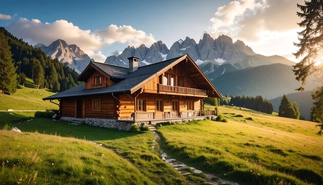 A rustic wooden lodge nestled in a vibrant, sunlit meadow with a mountain range backdrop and a path leading to its entrance