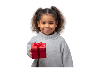 Happy child offers red gift box isolated on a transparent background