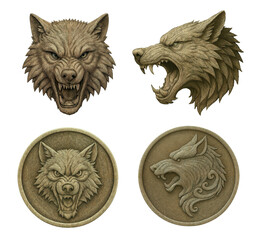 Fenrir wolf from Norse mythology, standalone and engraved on coins, isolated on transparent background