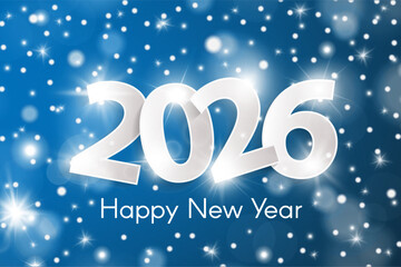 Happy New Year 2026 concept with snow and sparkles. Christmas and Chinese New Year decor. New year card or sale concept. Vector illustration