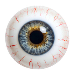 A detailed close-up of a human eye, showing iris, pupil, and red veins on the sclera