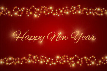 Red Happy New Year concept with realistic garlands. Christmas and Chinese New Year decor. New year card or sale concept. Vector illustration