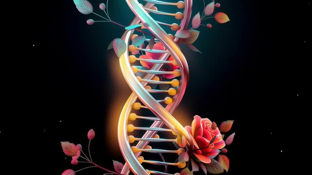DNA helix genetics biology spiral molecule genome science art with rose floral glow neon futuristic surreal nature intertwine vibrant bloom