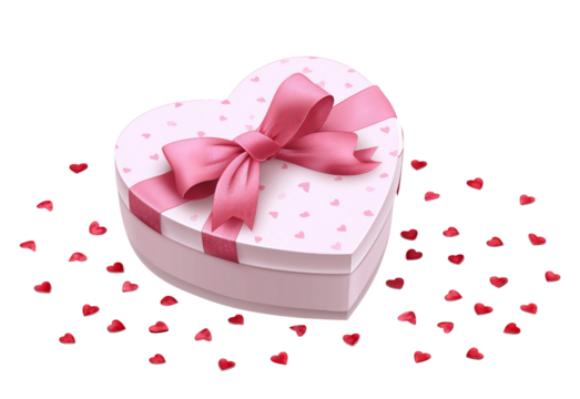 Heart shaped gift box with pink ribbon isolated on a transparent background