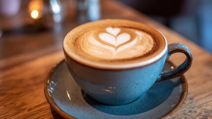 Artistic coffee presentation in blue cup with latte art on wooden table