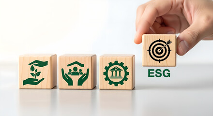 ESG Sustainable Business Strategy Wooden Blocks Hand Copy Space