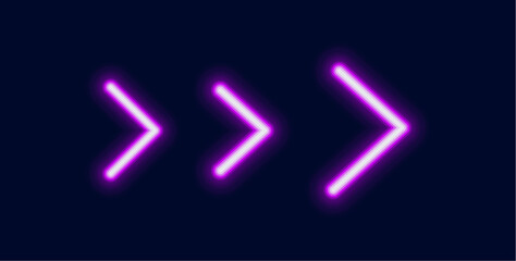 Three glowing neon chevron arrows in a sequence. The size increases from left to right symbolizing acceleration or progress.