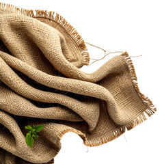 Close-up of a textured, natural-toned burlap fabric with frayed edges and a sprig