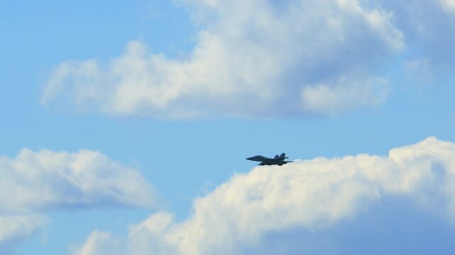 Slow motion view of F-18 fighter jets flying in front of the clouds, showcasing military strength, speed, and precision.