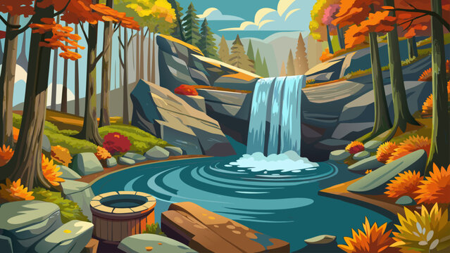 Very beautiful Looking Glass Falls plunge pool waterfall in Pisgah National Forest, Transylvania County, North Carolina, surrounded by colorful autumn foliage, rocks, and fallen logs, showcasing seren