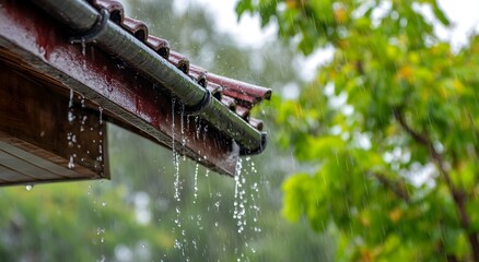 Rainwater pouring from a red tiled roof during a heavy downpour, with droplets splashing off the eaves and lush green foliage in the blurred background, capturing a calm and natural rainy atmosphere.
