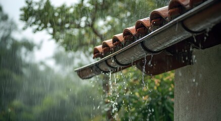 Rainwater pouring from a red tiled roof during a heavy downpour, with droplets splashing off the eaves and lush green foliage in the blurred background, capturing a calm and natural rainy atmosphere.