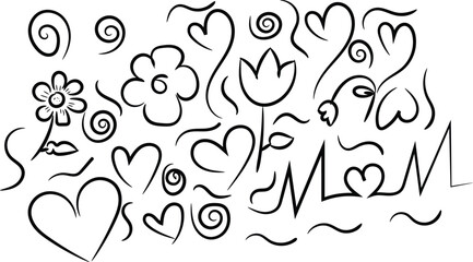 Whimsical hand drawn doodle art featuring hearts flowers swirls and the word mom in a freehand sketch style