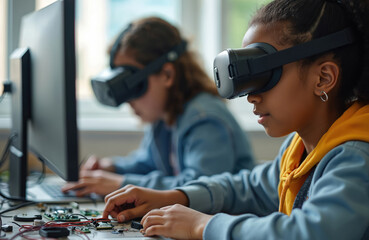 Two young girls wear VR headsets at computer. Students explore tech in classroom. Girls work on electronics projects using computer technology. Modern STEM education, innovative learning about VR,