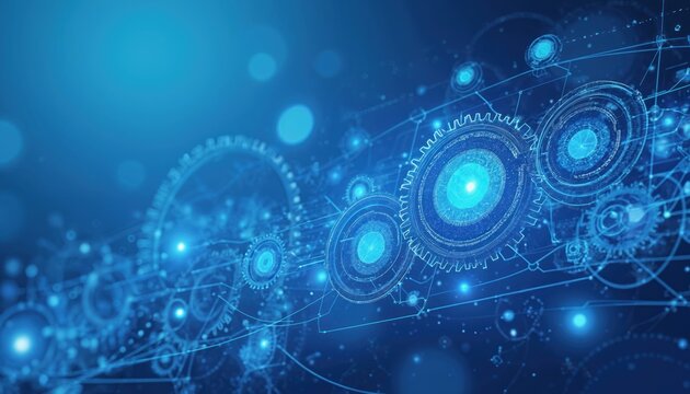 Blue technology background with glowing gears, arrows. Mechanical progress concept with futuristic design. Innovation, engineering in digital artwork. Abstract background with machine, network