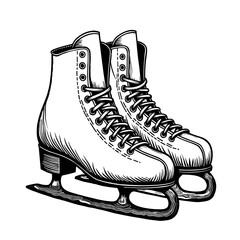 Black and white monochrome vector illustration of a pair of figure skates in vintage engraving style. Christmas winter sport icon - festive activity - traditional cold season fun
