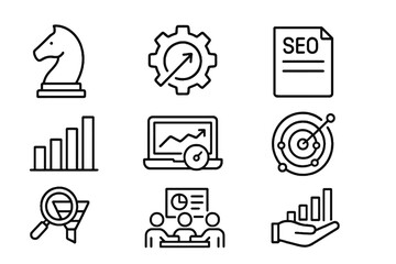 Set of 9 thin line editable icons for SEO strategy and digital marketing management, including charts, reports, targets, and teamwork.