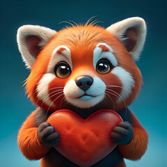 Endearing Red Panda Holding Heart in Charming Portrait Illustration on gradient background, Conveying Warmth