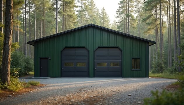 Modern green metal garage building with two large doors and a small entrance door sits in a forest clearing. The structure is surrounded by tall pine trees under a bright sky.