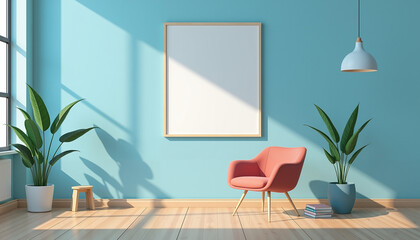 Fototapeta premium Modern interior with empty frame, colorful chair, and cozy atmosphere with copy space