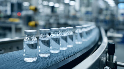 Pharmaceutical production line with vaccine vials on a conveyor belt in a factory